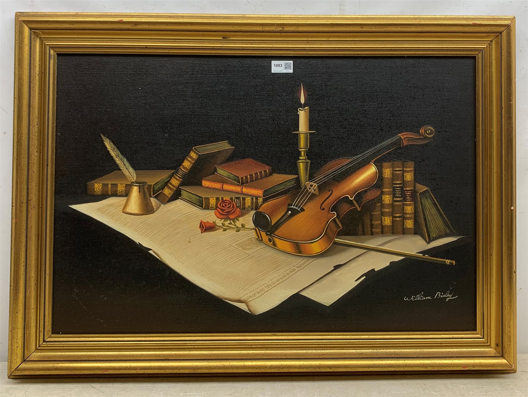 William Bisley (20th century): Still life of a Violin and Library Artefacts, oil on canvas signed 49 - Image 2 of 3