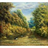 G C T (20th century): Birds on a Country Lane, oil on canvas signed with monogram and dated 1992, 69