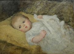 E L Kinloch (American 1860-1923): 'Caroline' portrait of a baby, oil on board signed and titled 29cm