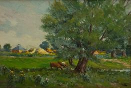 Ernest Cox (British exh.1909-1938): Cattle 'In Wilford' Nottingham, oil on board signed, titled