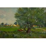 Ernest Cox (British exh.1909-1938): Cattle 'In Wilford' Nottingham, oil on board signed, titled