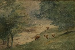 English School (Early 20th century): Cattle Grazing by the Riverside, watercolour unsigned 17cm x 26