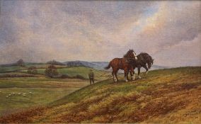 K Nelson (Late 20th century): Working Horses on a Hillside, oil on canvas signed 24cm x 39cm