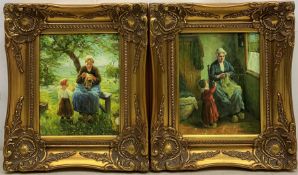 Dutch School (Late 20th century): Mothers and Children, pair oils on board indistinctly signed 24cm