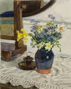 Douglas Coyne (British 1930-2008): Still Life of Flowers on the Dressing Table, watercolour signed a