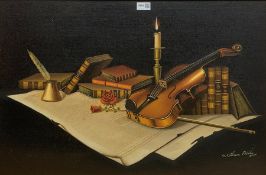 William Bisley (20th century): Still life of a Violin and Library Artefacts, oil on canvas signed 49