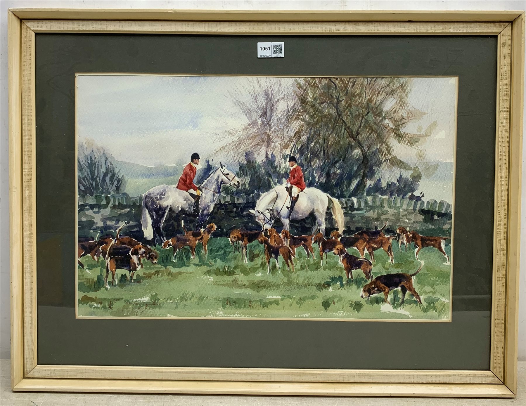 Wendy Knapton (British 20th century): The Hunt pausing by a Stone Wall, watercolour signed and dated - Image 2 of 3