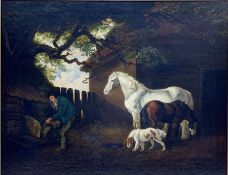 English School (19th century): Feeding Pigs with Horses and Dog, oil on canvas unsigned 58cm x 75cm