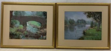 Christopher John Assheton Stones (British 1947-1999): River Landscapes, pair pastels unsigned 34cm x