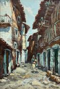 Andreina Crepet Guazzo (Italian 1909-1983): Lady Walking down a Narrow Street, oil