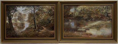 N C Hanson (British 20th century): 'Stepping Stones Throstle Nest Littlebeck' & a River scene, pair