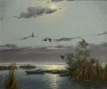 Gerard Brouwer (Dutch 1938-): Mallards in Flight, oil on canvas signed 49cm x 60cm