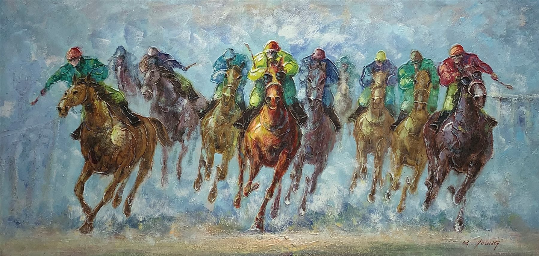 R Young (Late 20th century): Th Final Furlong, oil impasto on canvas signed 61cm x 121cm (unframed)