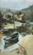 Jon Hall (Northern British 1956-): Cobles in Staithes Beck, pastel signed and dated '90, signed and