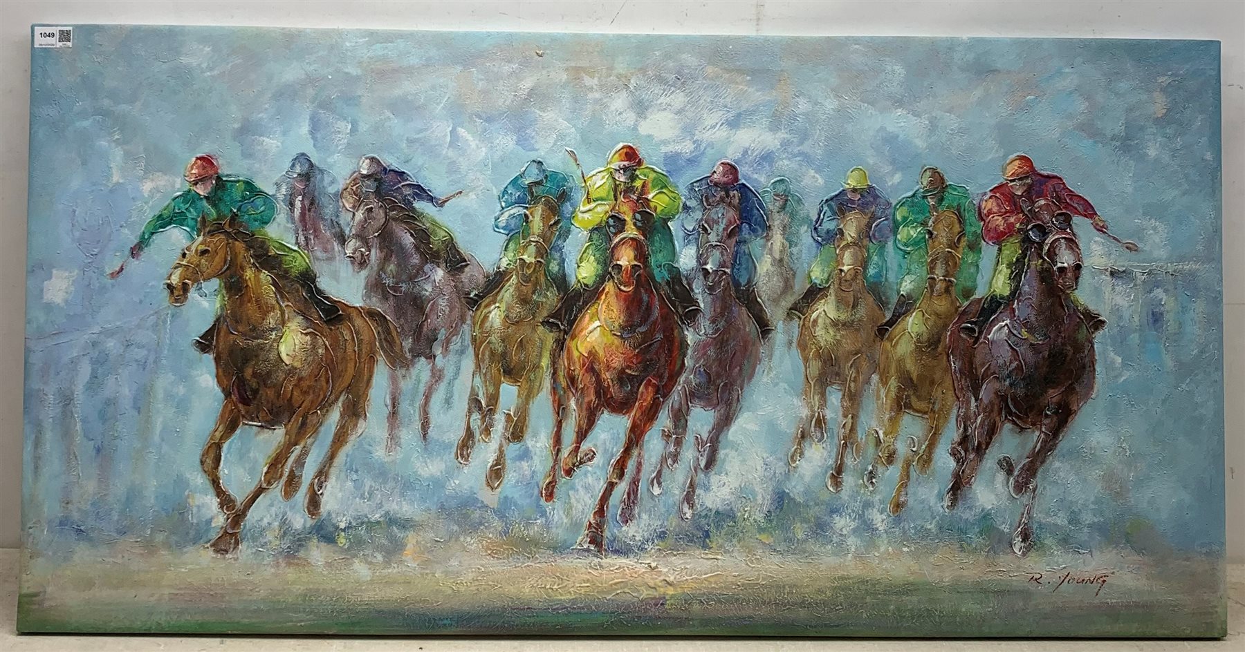 R Young (Late 20th century): Th Final Furlong, oil impasto on canvas signed 61cm x 121cm (unframed) - Image 2 of 3