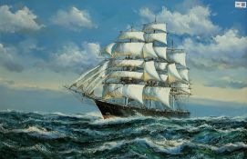 English School (Late 20th century): Clipper Ship at Sea, oil on board indistinctly signed 59cm x 90c