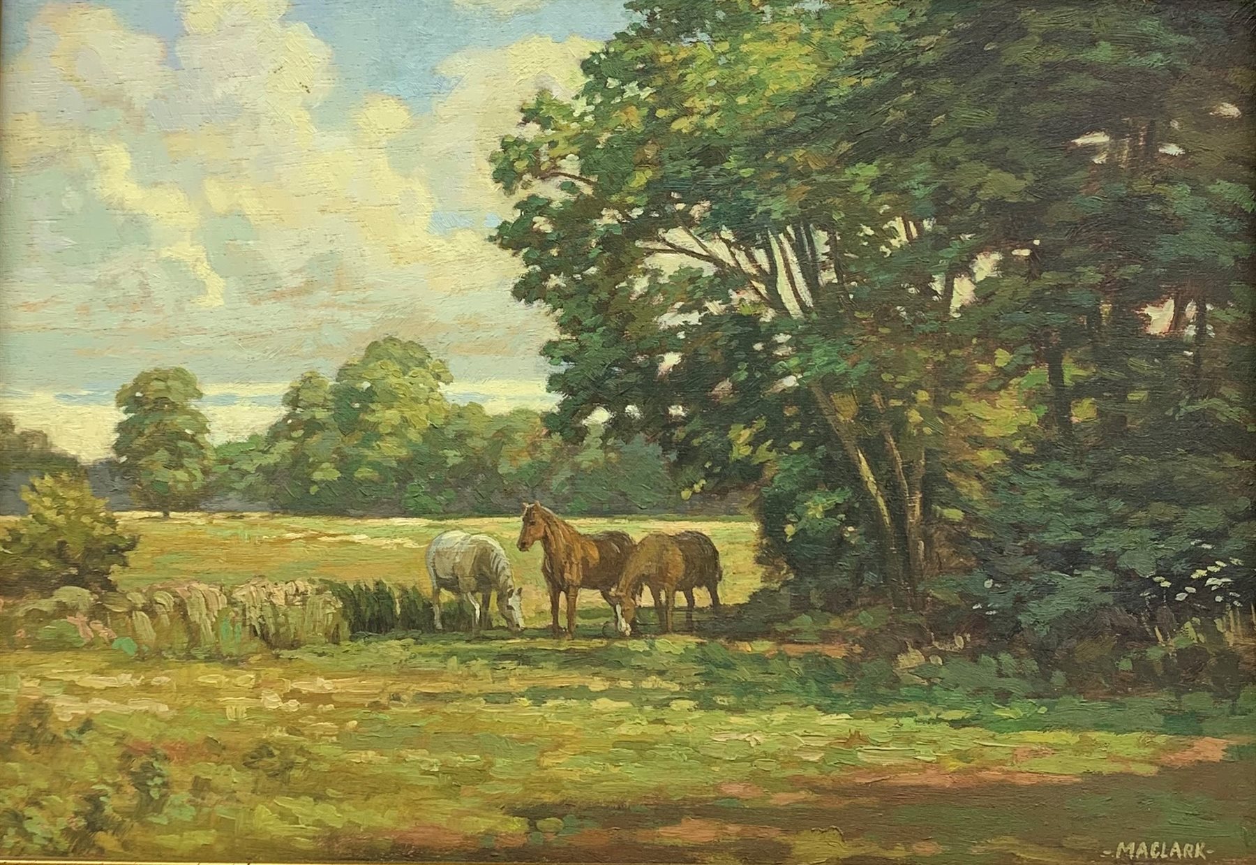 Maclark (British 20th century): Ponies in the Shade, oil on panel signed 24cm x 35cm