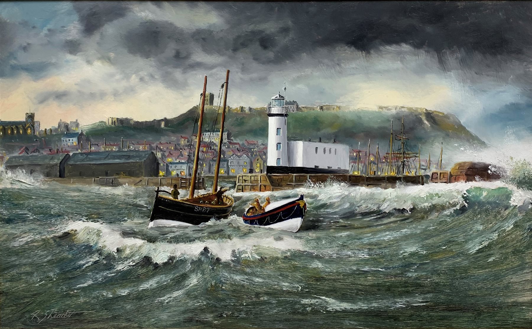 Robert Sheader (British 20th century): Scarborough Lifeboat and Fishing Boat SH87 off the Lighthouse