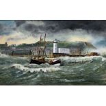 Robert Sheader (British 20th century): Scarborough Lifeboat and Fishing Boat SH87 off the Lighthouse