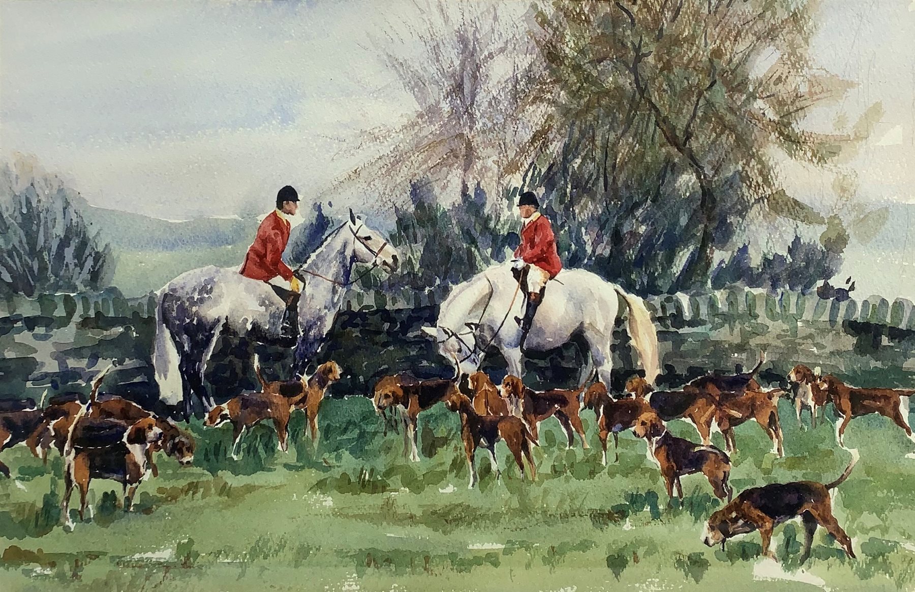 Wendy Knapton (British 20th century): The Hunt pausing by a Stone Wall, watercolour signed and dated