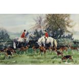 Wendy Knapton (British 20th century): The Hunt pausing by a Stone Wall, watercolour signed and dated