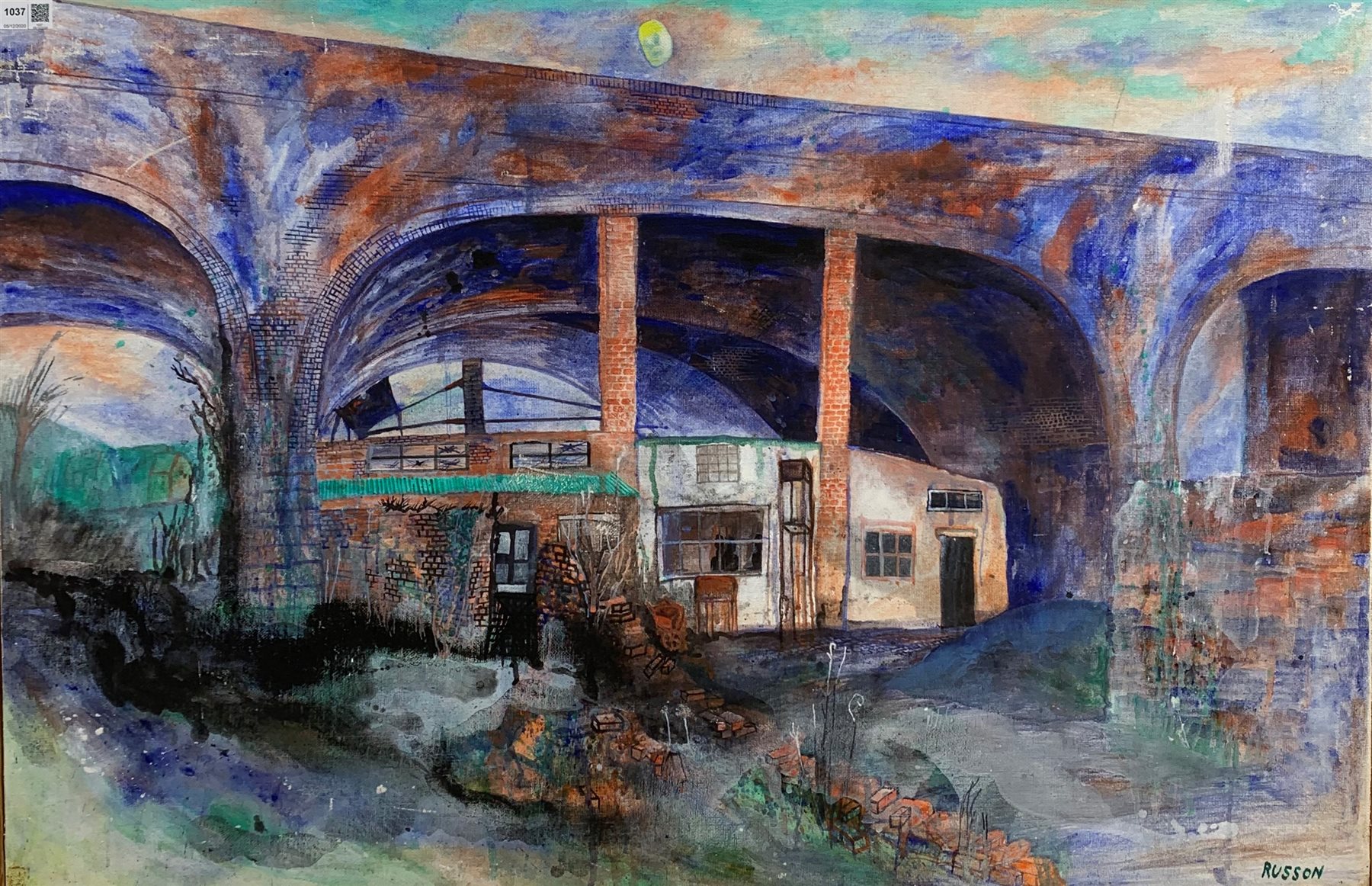 Barbara Mary Russon (British 1930-2007): Sheds under the Viaduct, oil on canvas signed 64cm x 97cm (