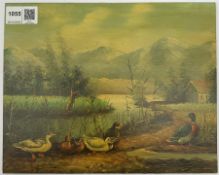K Young (20th century): Ducks by the Lakeside, oil on panel signed 20cm x 25cm (unframed)