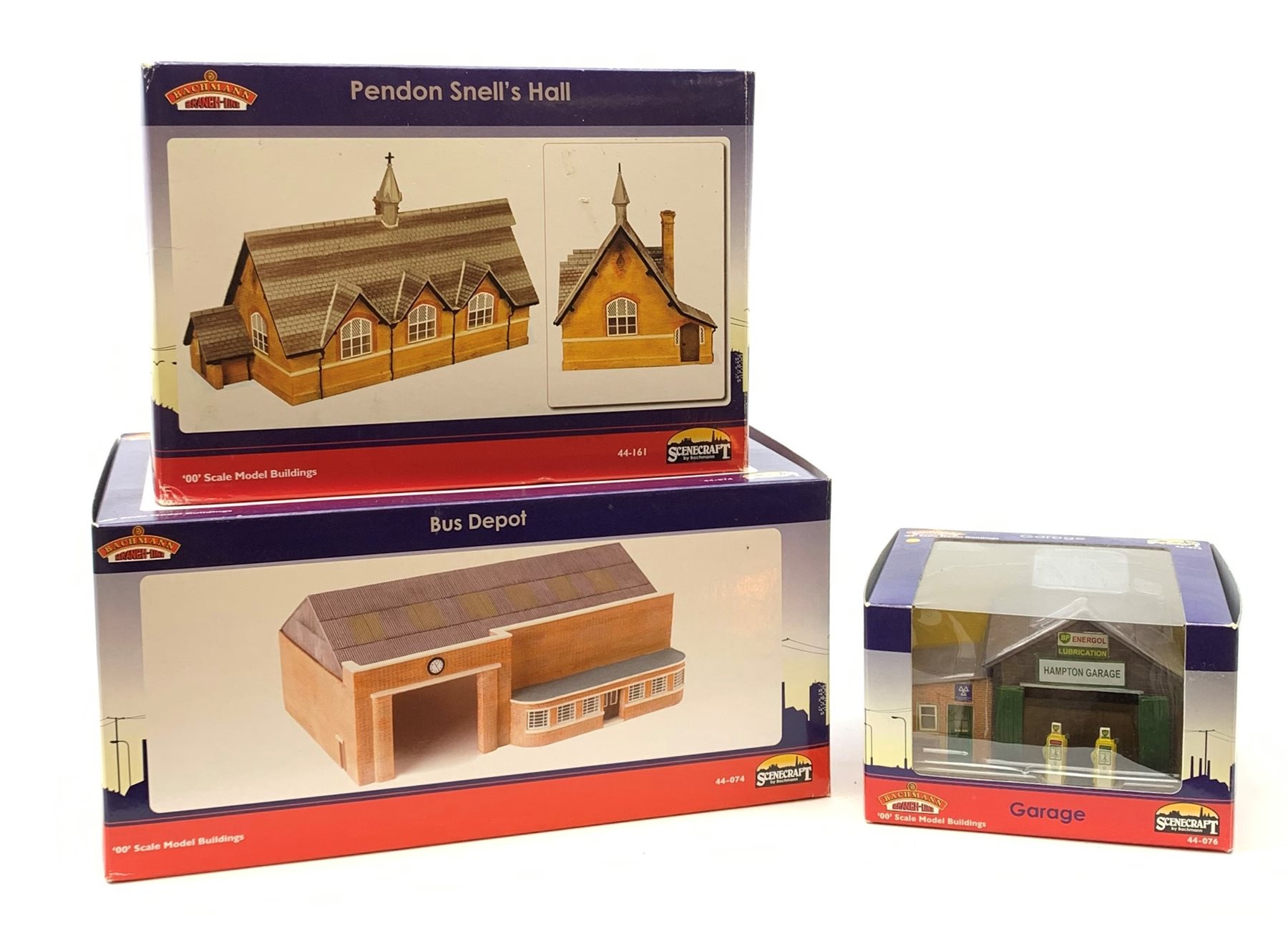 Bachmann Scenecraft - three buildings comprising Bus Depot, Pendon Snell's Hall and Garage, all boxe