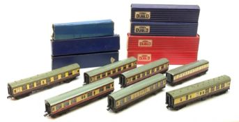 Hornby Dublo - seven passenger coaches comprising 4050 Corridor 1st/2nd, 4051 Corridor Brake/2nd (la