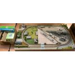 'N' gauge - wooden table-top layout of oblong form the central loop of track with sidings, station,