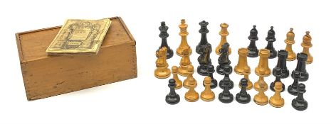 Unmarked Staunton pattern boxwood and ebonised chess set, king H8.5cm, in wooden box with sliding li
