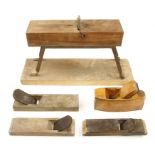 A miniature cooper's type plane and four other wood planes G-