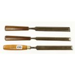 Three long bevel edge paring chisels by MARPLES 7/8",