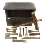 A shipwright's caulking mallet with 11 irons contained in open front stool G+