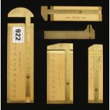 Five different boxwood and brass caliper rules by SMALLWOOD (4) and RABONE F