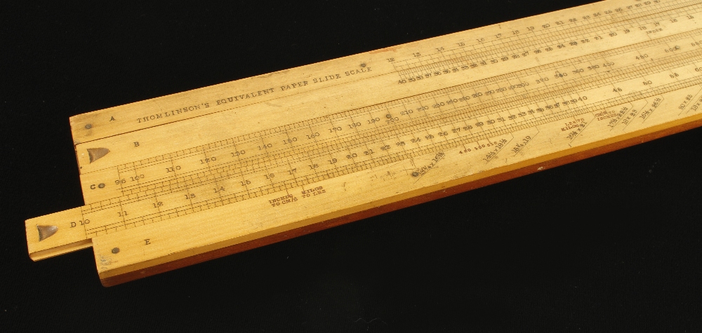 THOMLINSON'S Equivalent Paper Slide Scale boxwood and mahogany double slide rule 23" x 3 1/4" by J. - Image 2 of 2