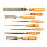 Six paring chisels and gouges and two bevel edge chisels G+