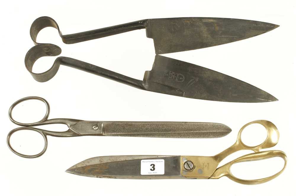 A pair of brass handled Indian shears a pair of scissors and a pair of sheep shears G+