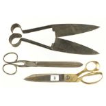 A pair of brass handled Indian shears a pair of scissors and a pair of sheep shears G+