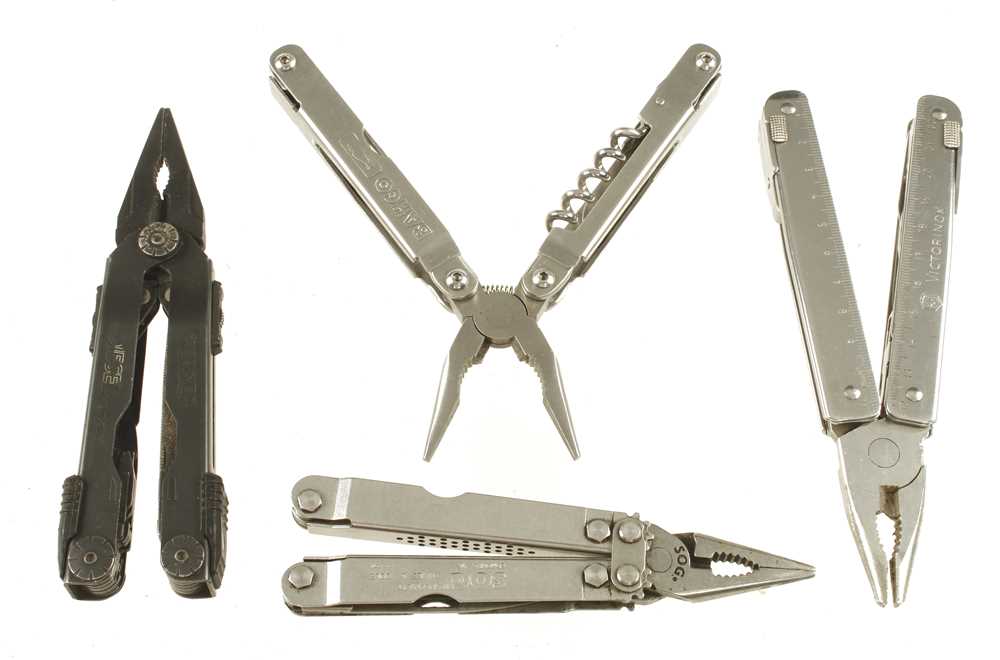 Four combination knives/tools by BAHCO (saw blade snapped) GERBER, SOG and VICTORINOX G++