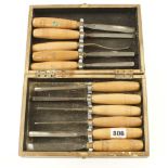 A set of 11 carving tools by H TAYLOR with beech handles in orig tatty box G