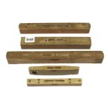 A 6" rosewood boat level and a 12" rosewood level both by PRESTON and three other levels G