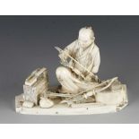 A 3" ivory okimono of a fletcher or bow and arrow maker with his tools