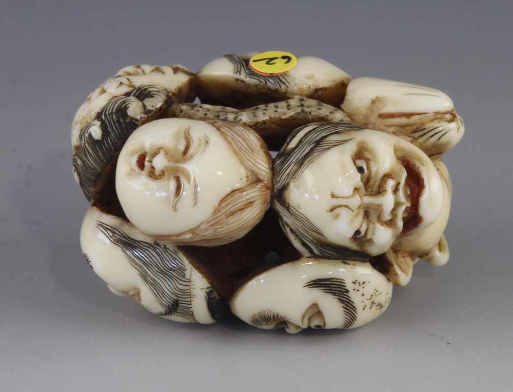 An ivory netsuke of 9 Noh masks - Image 3 of 5