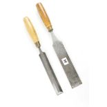 A 2" tapered chisel by BRADES and a 1 1/4" bevel edge chisel by MARPLES G+