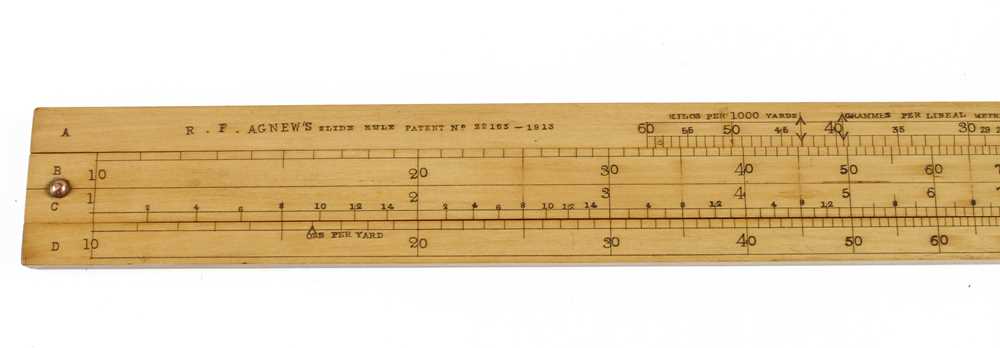 A little used 24" R.F.AGNEW'S Slide Rule Pat. 22165-1913 for the cloth trade with Kilos per 1000 - Image 3 of 3