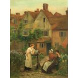 Attributed to Albert Chevallier Taylor (1862-1925) 'Village Gossip' Oil on canvas 39.5 x 29.5cm