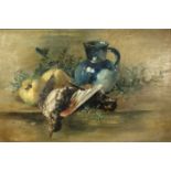 British School, late 19th/early 20th Century Still Life with Game, Fruit and Blue Lustre Jug Oil