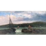 William PITT (fl. 1853-1890) 'Boats in a Calm River at St Germans, Cornwall' Oil on canvas Signed