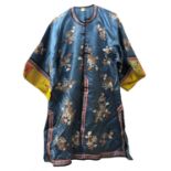 A Chinese blue silk embroidered robe, trousers and waistcoat, early 20th century, the yellow cuffs